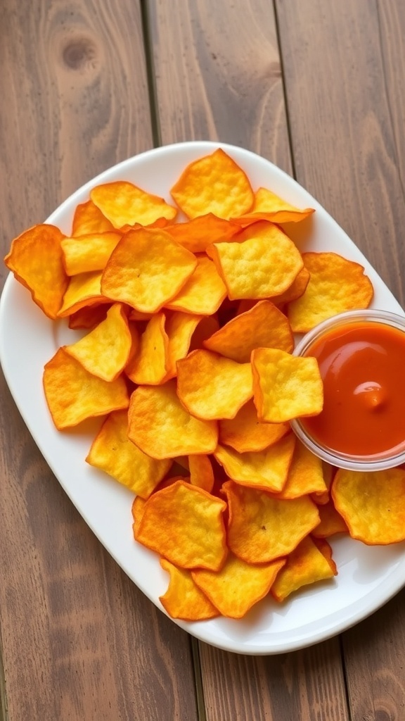 Crispy cheese chips on a plate with a bowl of dipping sauce on a wooden table.